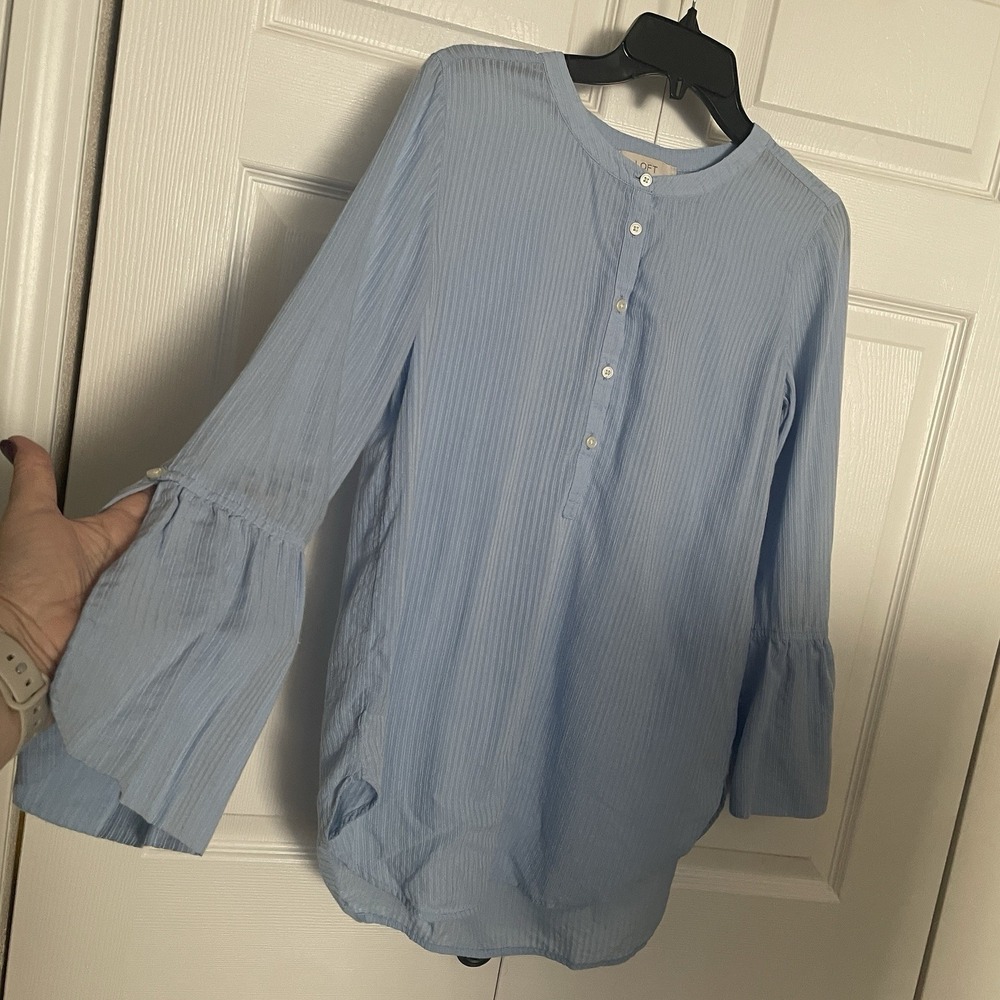 LOFT Shirt Women Small Blue Long Sleeve Cotton Blend Textured Popover Henley Top
